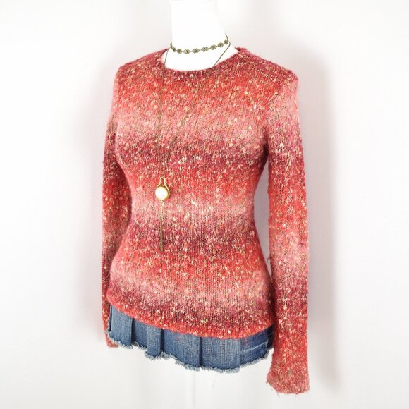VTG 90s Y2K Talbots Red & Pink Ombre Speckled Fuzzy Knit Long Sleeve Sweater - Picture 2 of 7